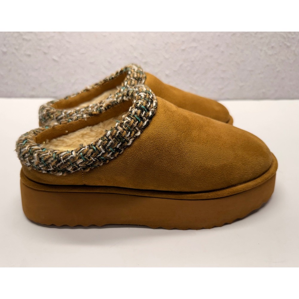 Steve Madden Selden Tan Platform Slippers Tweed Trim Faux Fur SELD01S1 Mens 7M